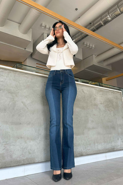 Flared - Navy Blue 2 Tones Washed Jeans.