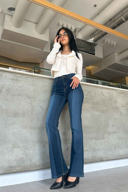 Flared - Navy Blue 2 Tones Washed Jeans.