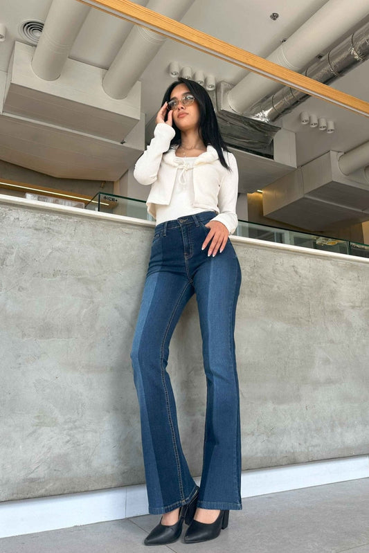 Flared - Navy Blue 2 Tones Washed Jeans.