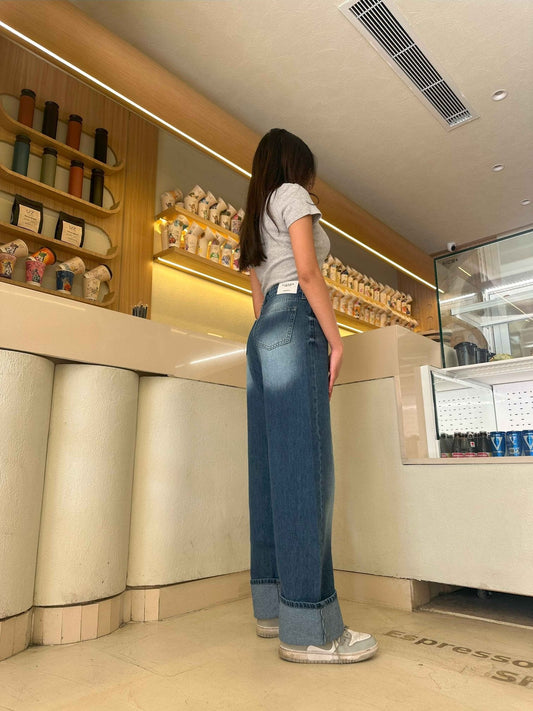 The Uptown Wide Leg - Navy Blue Cuffed Jeans.