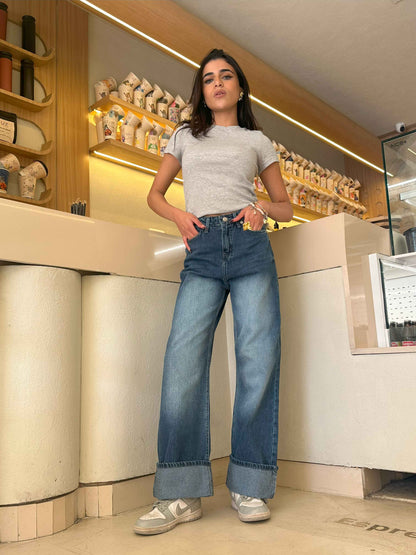 The Uptown Wide Leg - Navy Blue Cuffed Jeans.